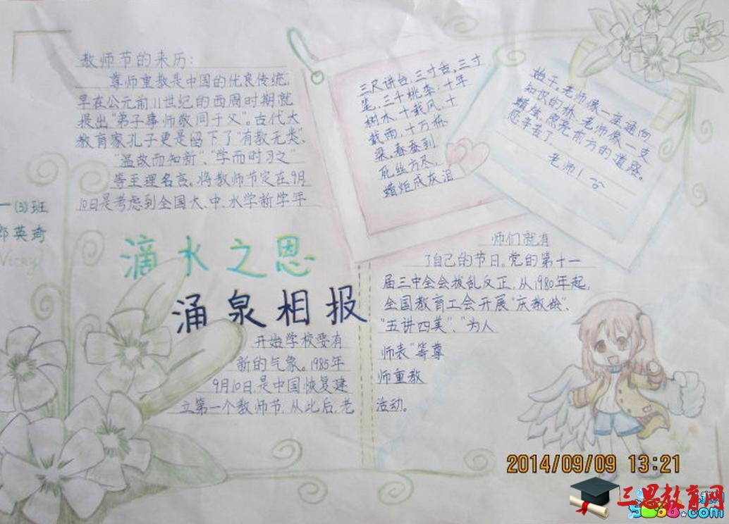 慶祝教師節手抄報-滴水之恩，涌泉相報